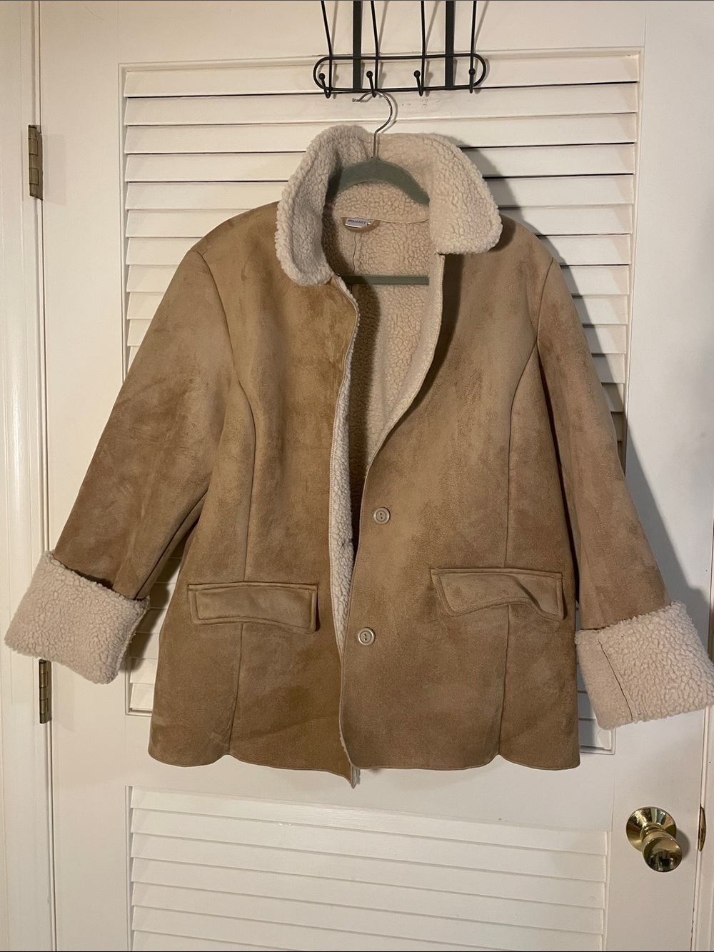 Damart Tan Faux Suede Cream Faux Shearling Jacket Like New